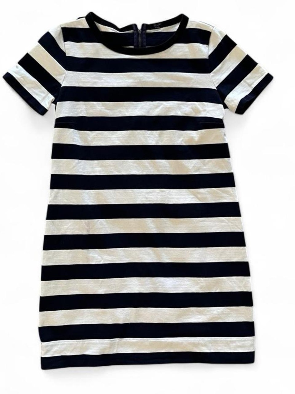 J Crew Heavyweight Cotton Navy Blue and White Striped Short Sleeve Shift Dress